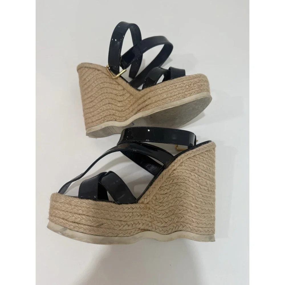 Yves Saint Laurent Espadrille Wedge Sandals Shoes Dark Blue Leather Size 37.5